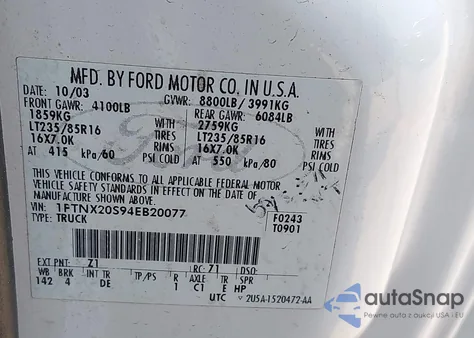 2004 Ford F-250 Lariat/Xl/Xlt from USA, damaged, VIN 1FTNX20S94EB20077